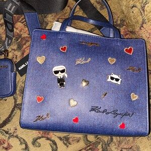 Karl Lagerfeld Blue Handbag with Red and Gold Heart Details